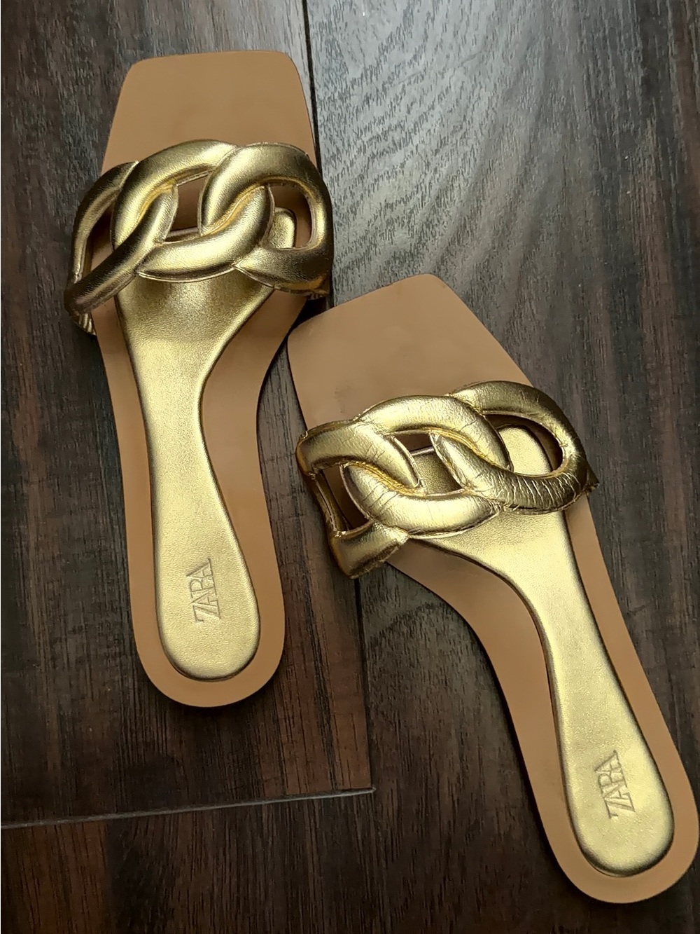 Zara Metallic Gold Braided-Chain Slide Sandals